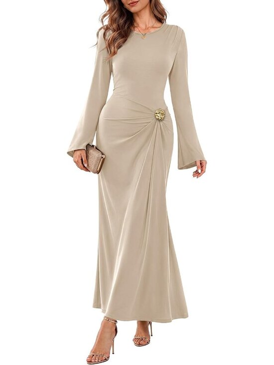 Dresses & Skirts - Women's Apricot Fashion Bodycon Long Sleeve Cocktail Outfits Guest Maxi Dresses